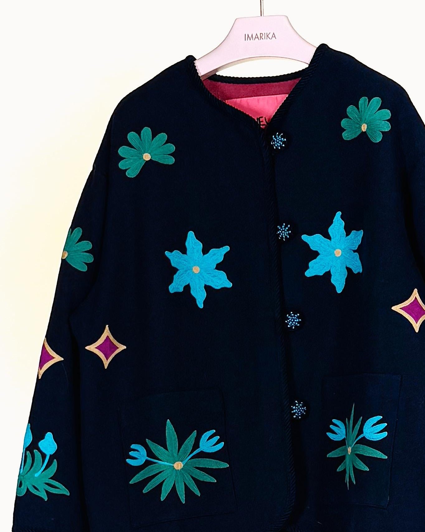 Giacca ricamata DINALANA BLU NAVY Taieur