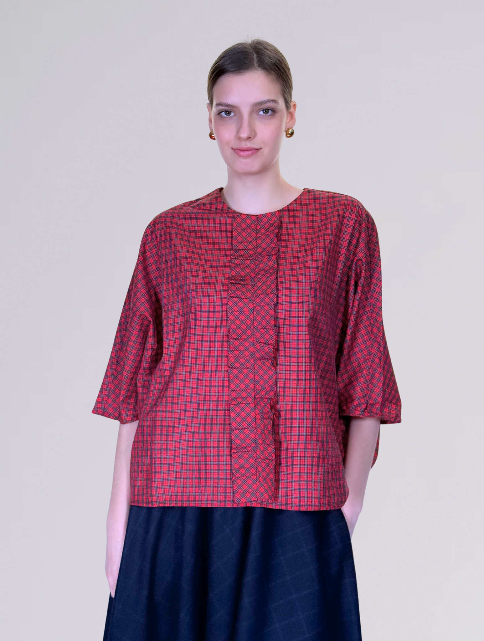 Top con rouches P1983TARTAN ROSSO Apuntob