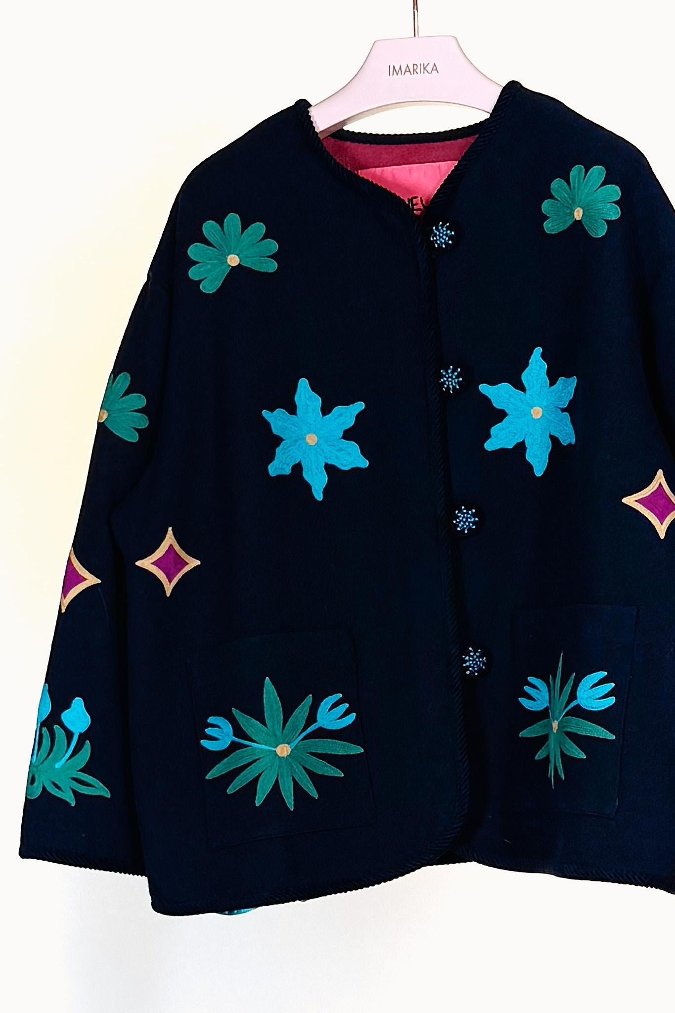 Giacca ricamata DINALANA BLU NAVY Taieur