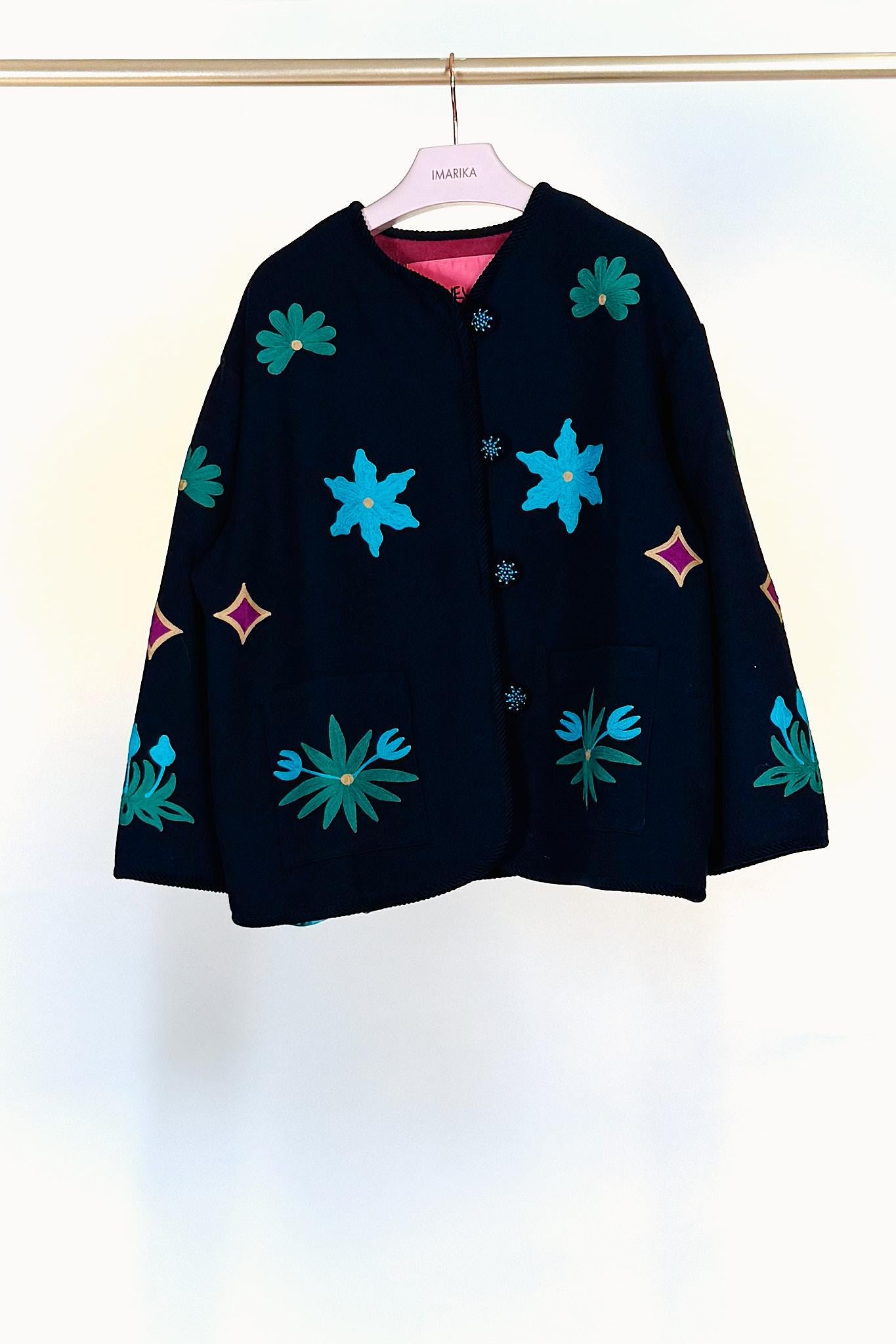 Giacca ricamata DINALANA BLU NAVY Taieur