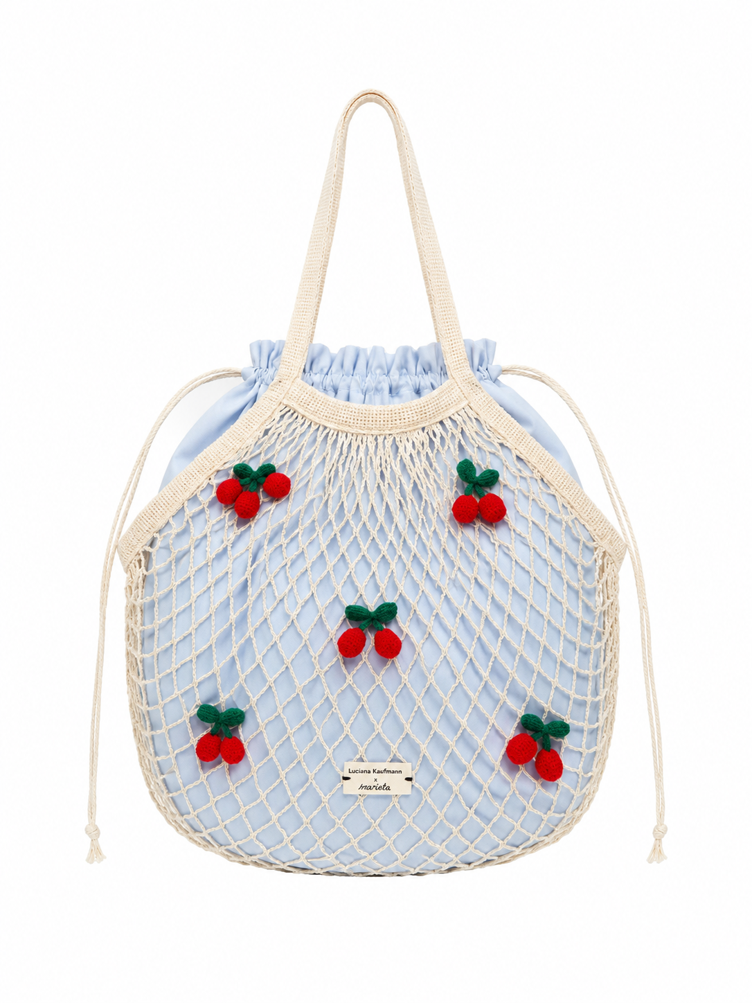 Borsa a rete con ciliegie applicate 