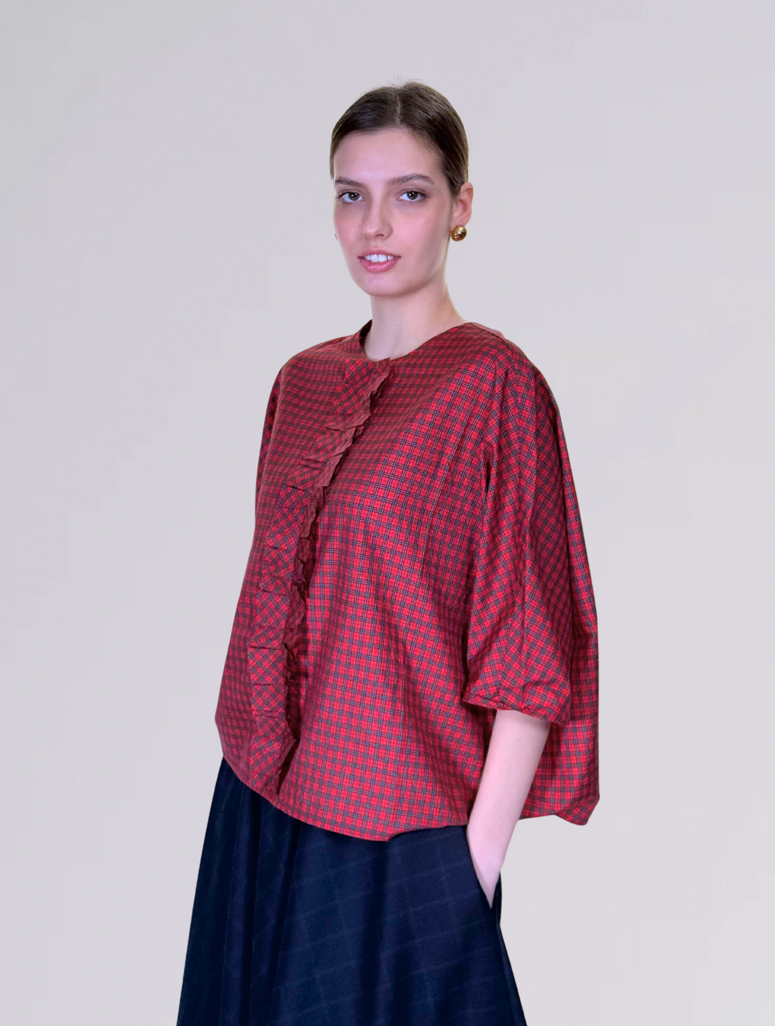 Top con rouches P1983TARTAN ROSSO Apuntob